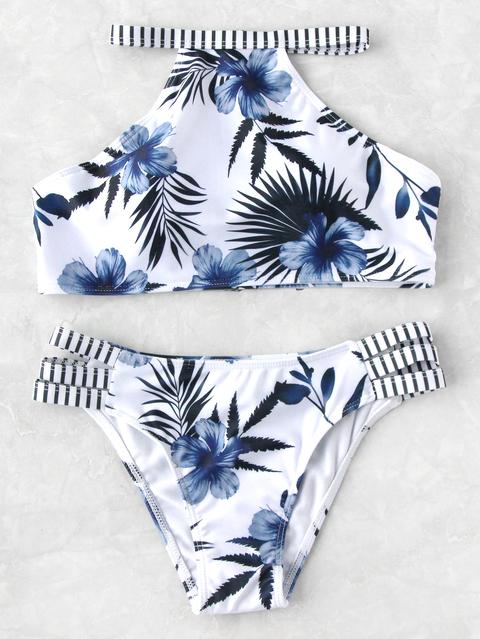 Set Bikini Con Estampado De Rayas Con Aberturas