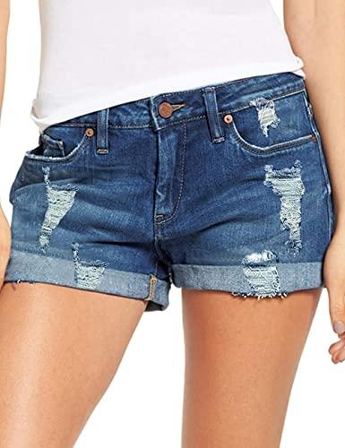 Lookbookstore Women's High Waisted Rolled Hem Distressed Jeans Ripped Denim Shorts