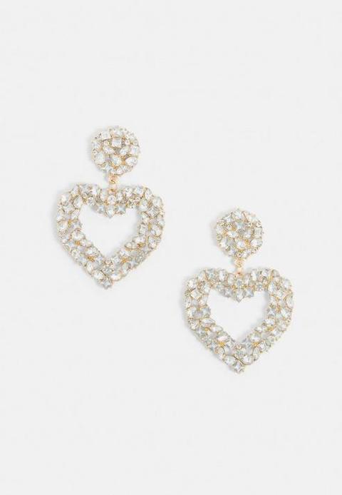 Gold Look Diamante Textured Heart Drop Earrings, Silver