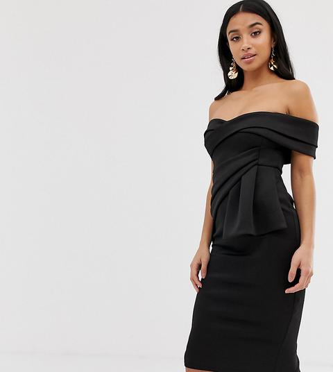 Asos Design Petite Bardot Fold Wrap Front Midi Pencil Dress-black