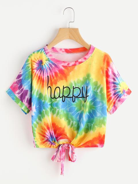 Water Color Letter Print Knot Front Tee