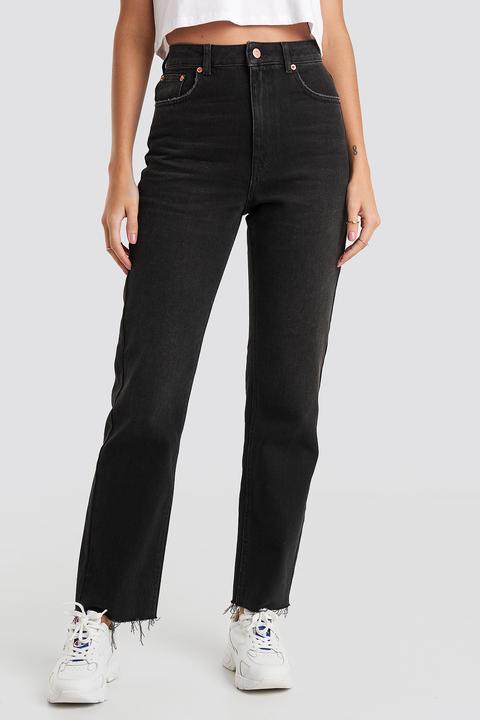 high waist raw hem straight jeans