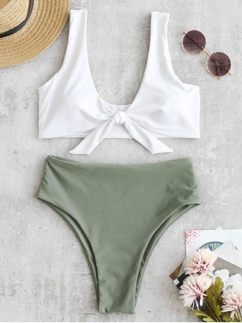 Bikini Anudado De Corte Alto En Dos Tonos White Camouflage Green Red Wine