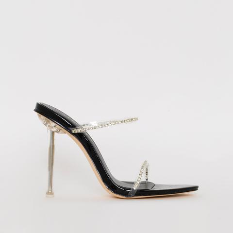 Stassie Black Patent Snake Print Diamante Mules