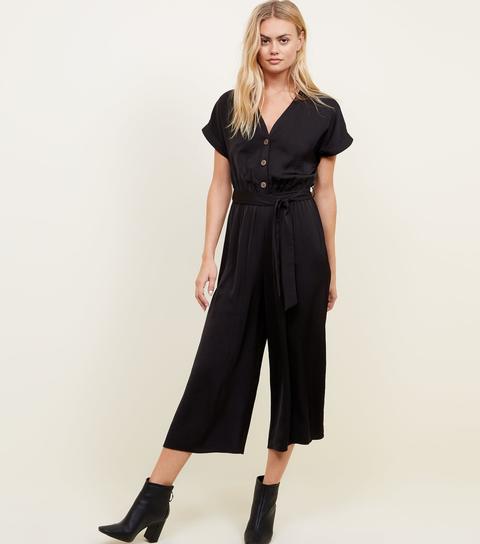 Black Satin Button Front Cropped Jumpsuit New Look