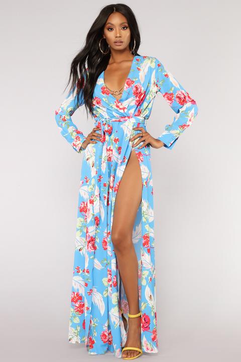 Feathers And Florals Maxi Dress - Blue