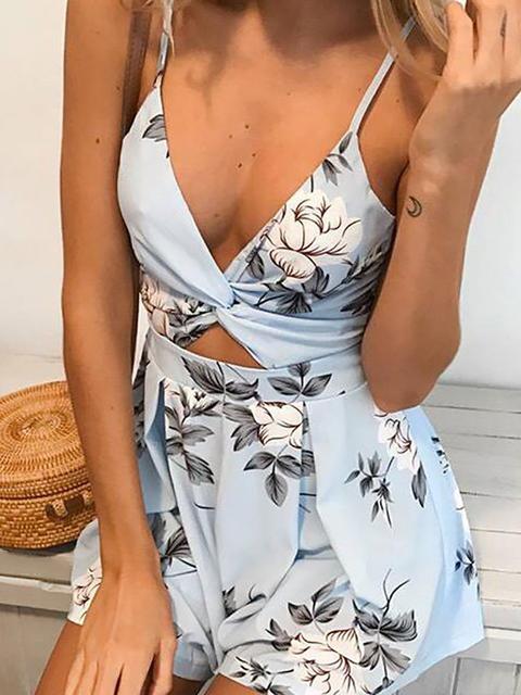 Sexy V Neck Twisted Floral Print Playsuit