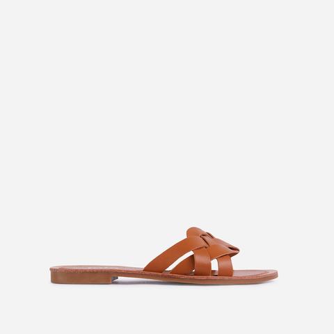 Rochelle Woven Flat Slider Sandals In Brown Faux Leather, Nude