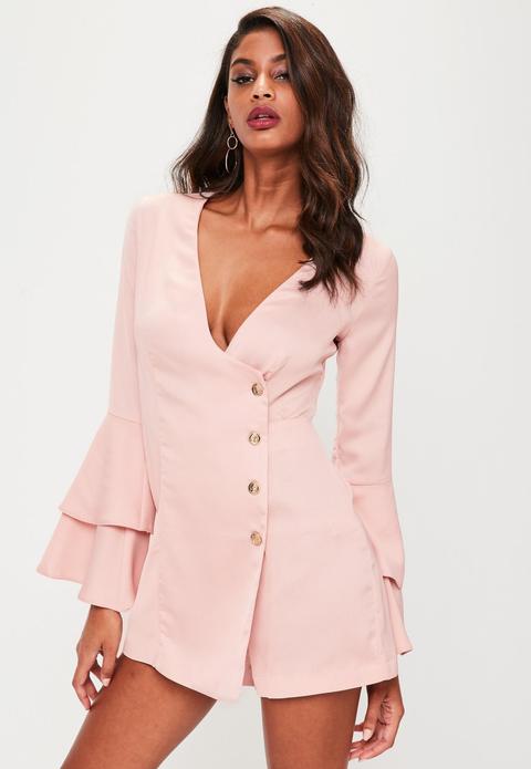 Pink Satin Wrap Button Flared Sleeve Playsuit