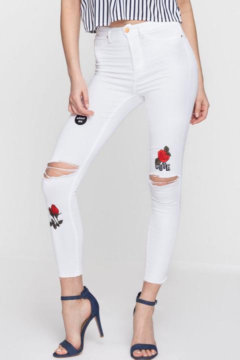 Pantaloni Bianchi Vita Alta Con Ricami