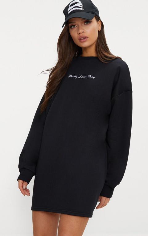 Prettylittlething Black Embroidered Jumper Dress, Black