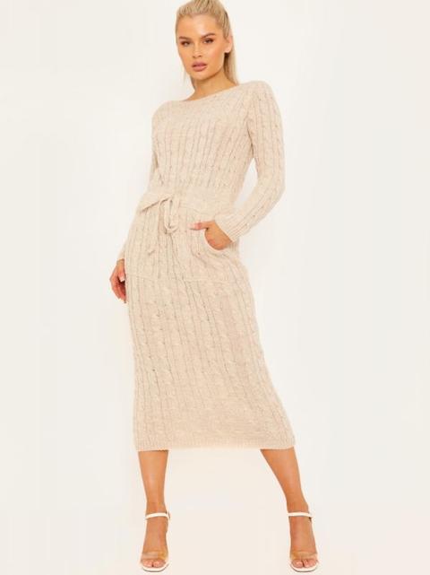 Leora Cable Knit Drawstring Waist Dress In Stone