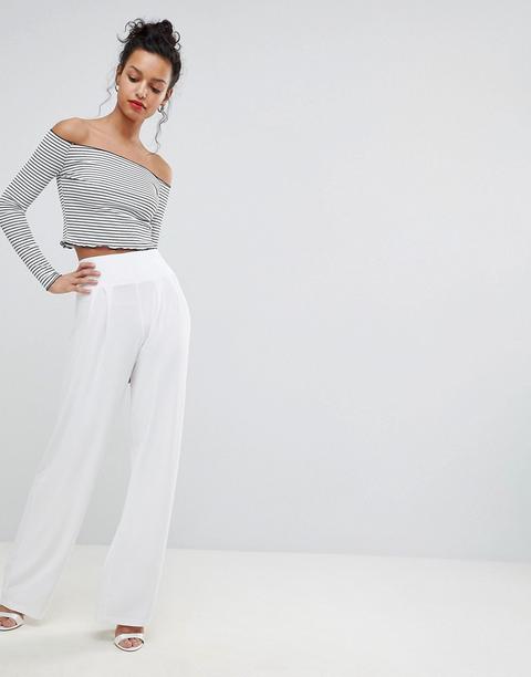 Asos Design Wide Leg Trousers With Deep Waistband - White