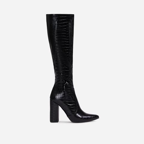 Stella Block Heel Knee High Long Boot In Black Croc Print Patent, Black