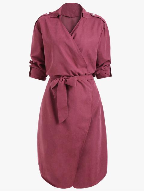 Cappotto Semplice A Spalle Oblique Con Cintura Wine Red