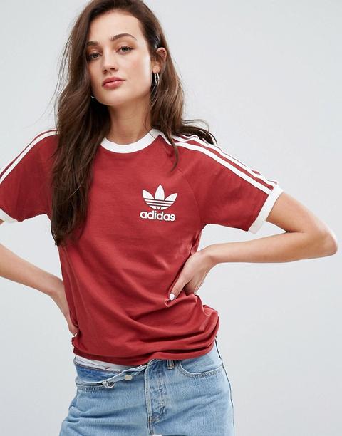 Camiseta Estilo Boyfriend En Burdeos Con Tres Rayas De Adidas Originals