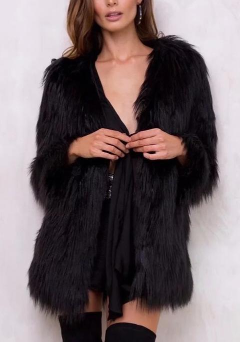 Black Pockets Fur Fuzzy Long Sleeve Fashion Fur Party Cardigan Coat