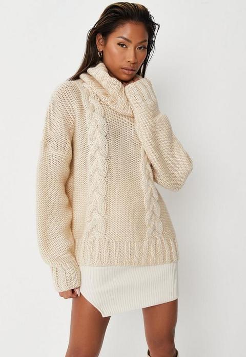 Stone Roll Neck Cable Knit Oversized Jumper, Stone