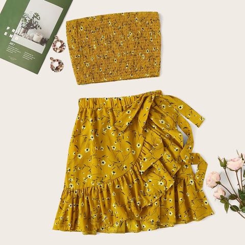 Top Arricciato Con Stampa Floreale E Gonna Con Nodo Laterale