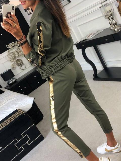 Tuta Tasche Con Paillettes Scollo A V Manica Lunga Casual Lunga Verde