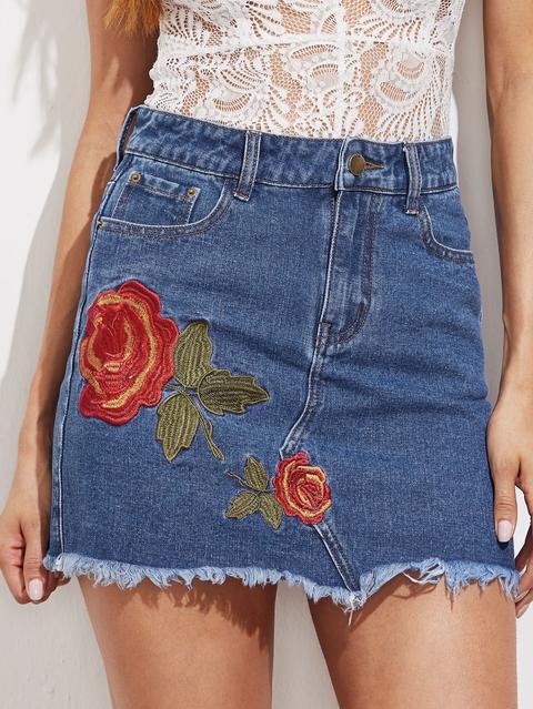 Gonna Di Jeans Con Applique Di Rosa Ricamata