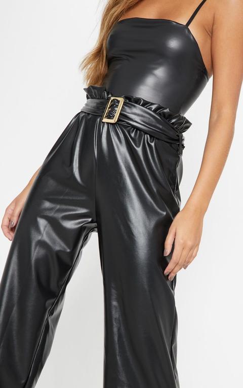 Black Faux Leather Belted Waist Wide Leg Trouser