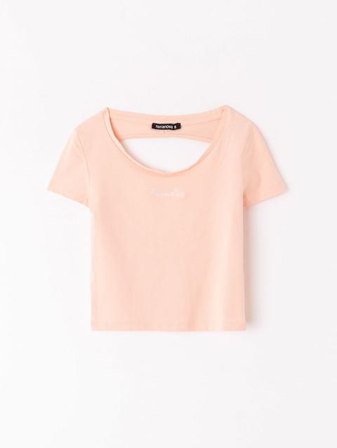 T-shirt Con Oblò E Ricamo Rosa Salmone