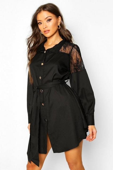 Vestido Camisero Con Vuelo E Inserciones De Encaje, Negro