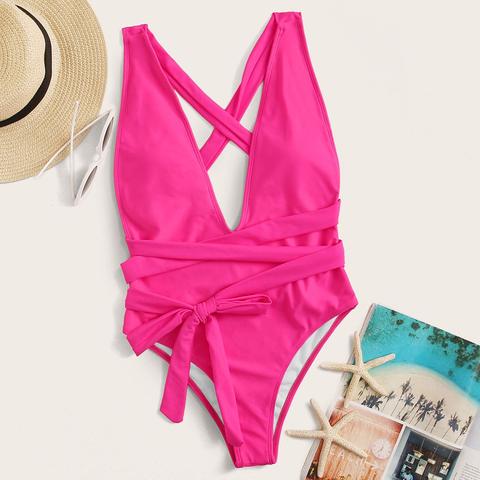 Open Back Self Tie One Piece Swimsuit