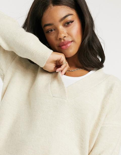 Pimkie V Neck Split Hem Soft Touch Jumper In Beige-neutral