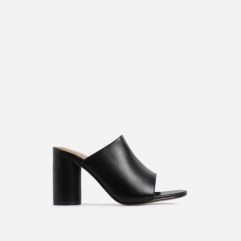 Virgo Peep Toe Block Heel Mule In Black Faux Leather, Black