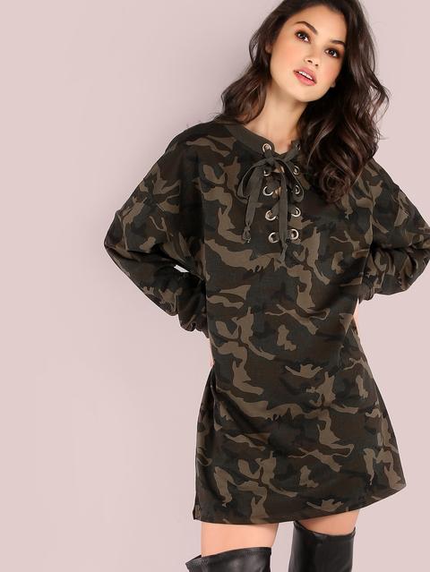 Oversized Lace Up Long Sleeve Sweatshirt Dress Camouflage