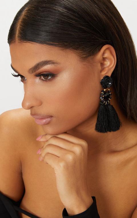 Black Rose Tassel Drop Earrings, Black