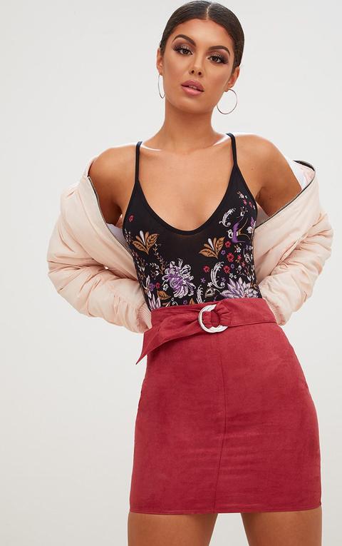 Red Faux Suede Belted Mini Skirt