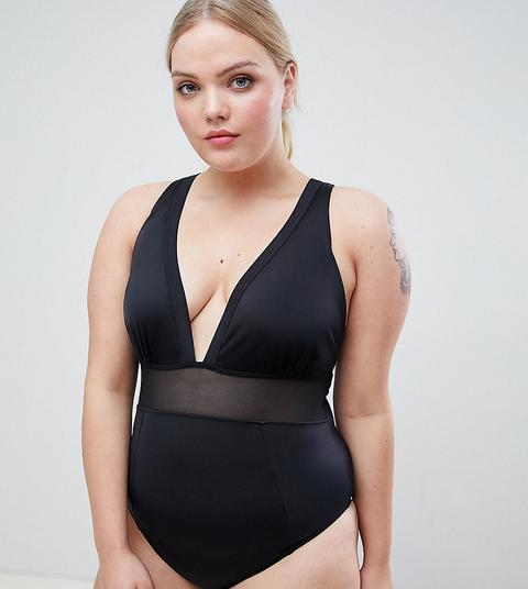 Bañador Negro Con Aplicación De Malla De Asos Design Curve