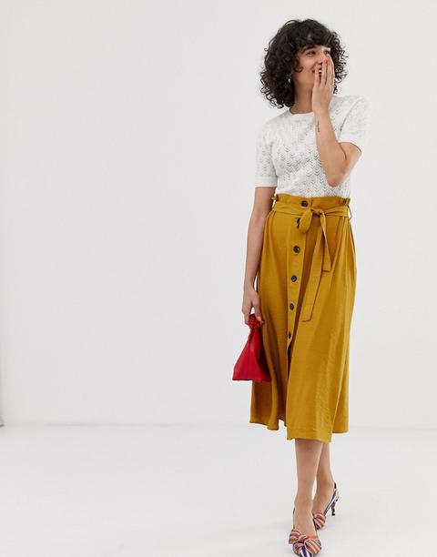 Pieces Button Through Utility Midi Skirt In Mustard - Yellow