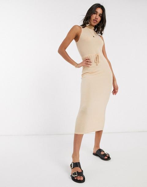 Asos Design High Neck Ribbed Midi Dress With Drawstring In Oatmeal Marl-neutral