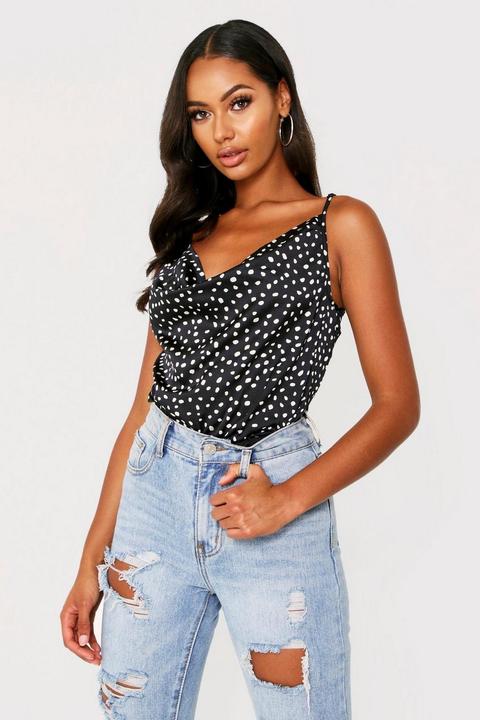 Polka Dot Satin Cowl Neck Bodysuit