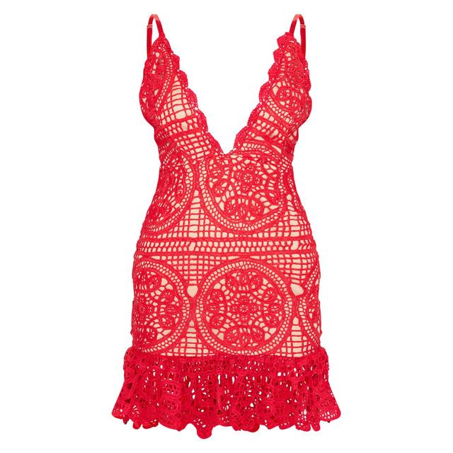 red strappy thick lace frill hem bodycon dress