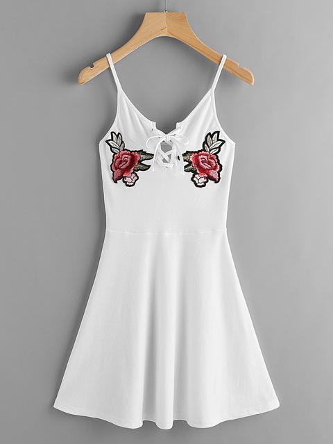 Rose Applique Eyelet Lace Up Ribbed Swing Dress