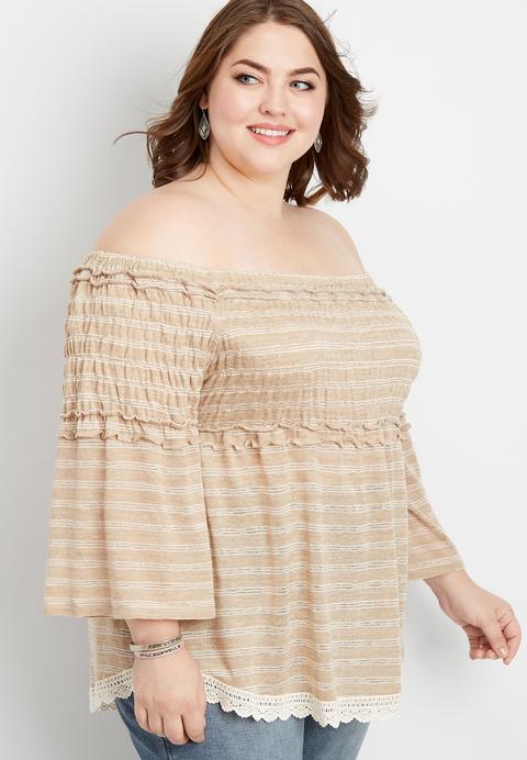 Plus Size Striped Smocked Off The Shoulder Top