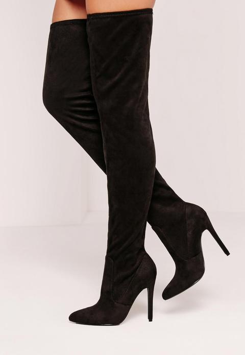 Black Faux Suede Pointed Toe Over The Knee Heeled Boots