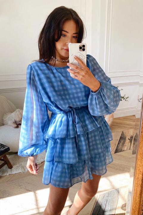 Blue Dresses - Lorna Luxe Blue Check 'lucia' Balloon Sleeve Tiered Smock Dress