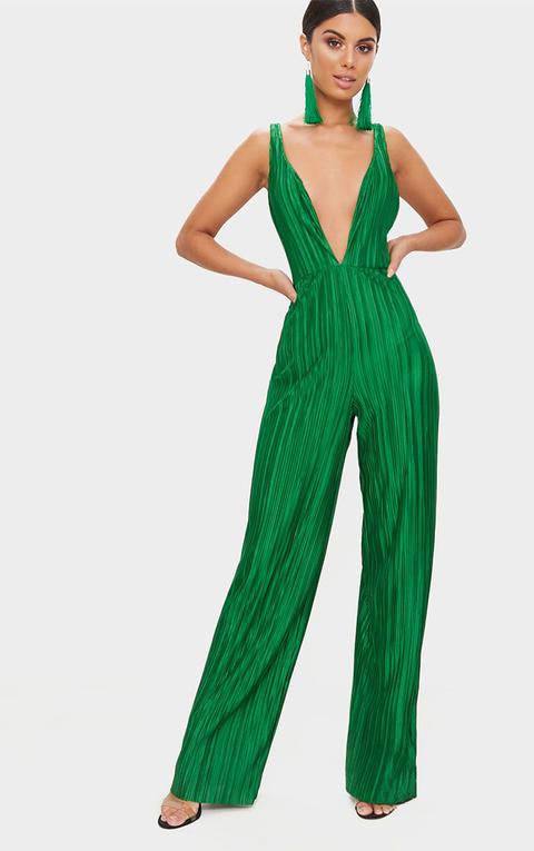 Green Plisse Plunge Strappy Jumpsuit