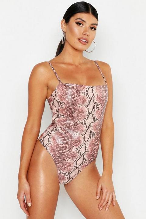 Snake Print Strappy Square Neck Bodysuit