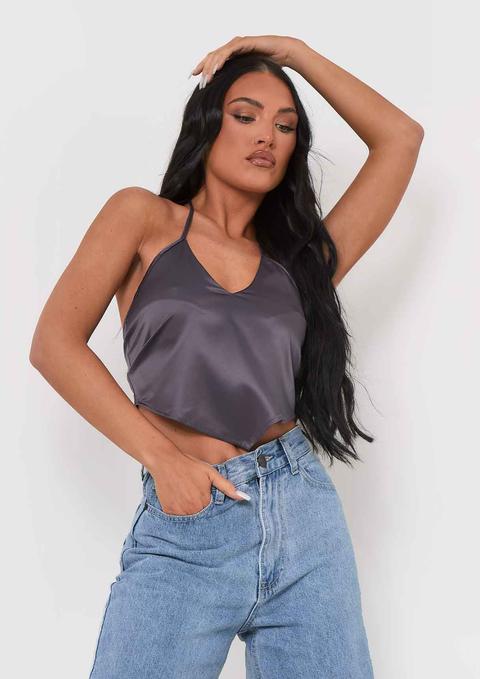 Aliyah Grey Cross Strap Satin Tie Pointed Hem Top