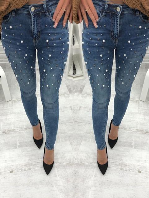 Jeans Lunghi Perle A Mosaico Bordate A Vita Alta Casuale Blu