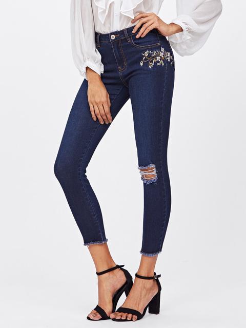 Pantaloni Di Jeans Con Ricamo Di Fiore