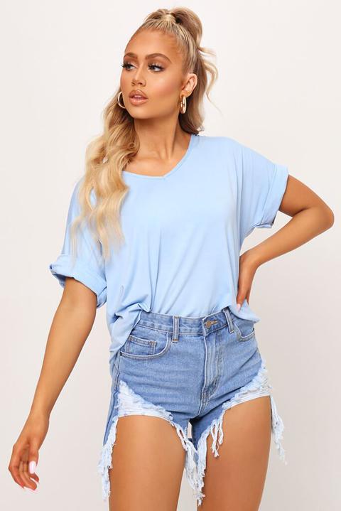 Pastel Blue V Neck Oversized Tshirt