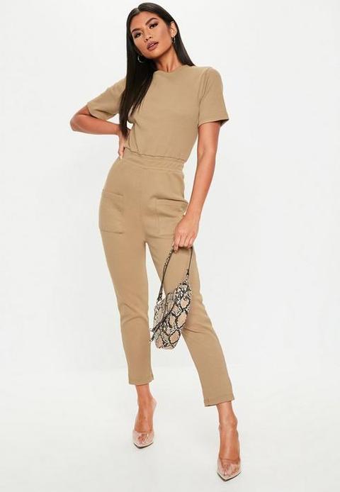 Camel Jersey Rib Pocket Front Jumpsuit, Camel